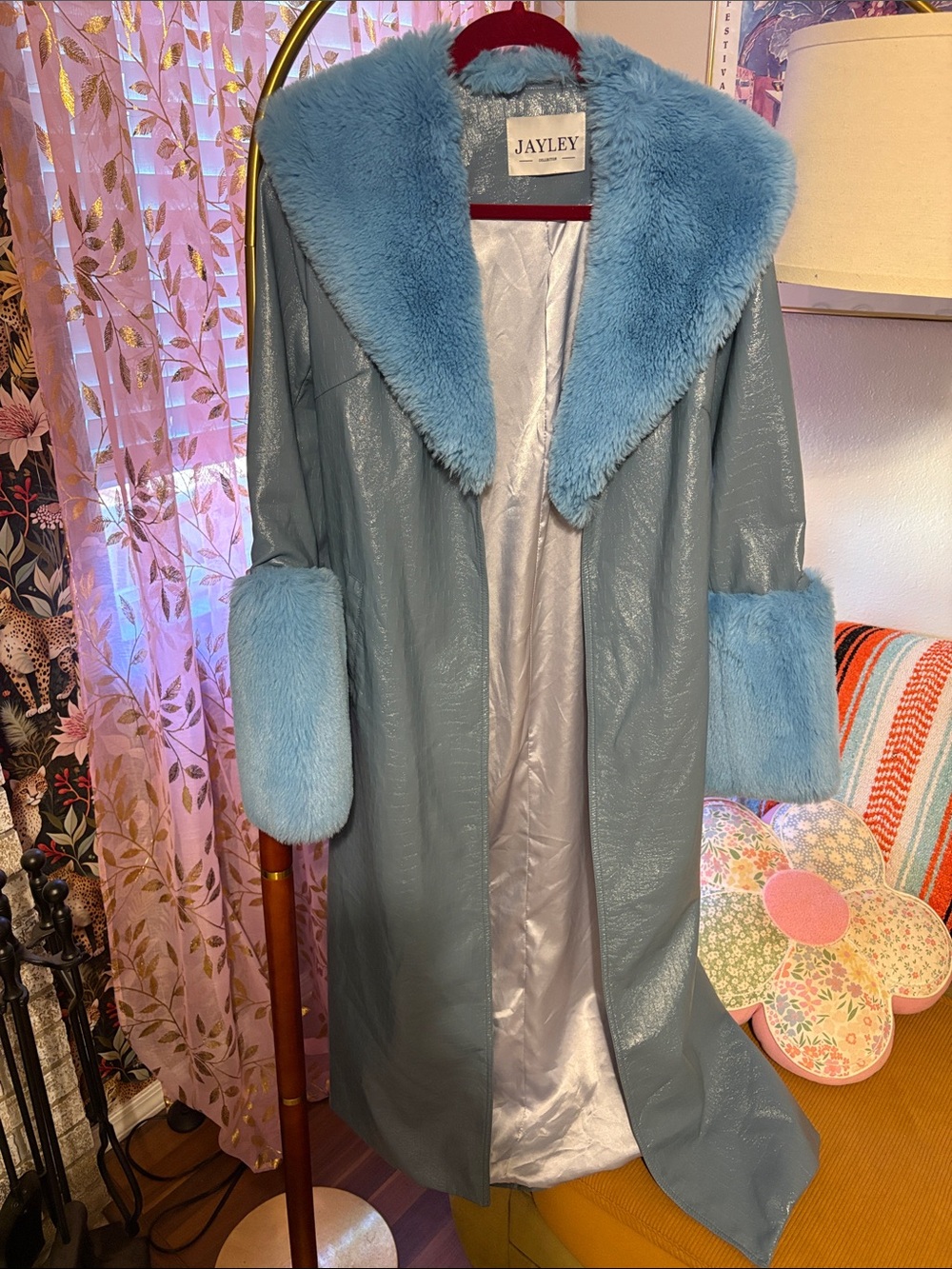 Jayley Women's Light Blue Faux Fur-Trim Trench Coat
